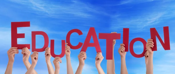 Hands Holding Education in the Sky — Stock Photo, Image