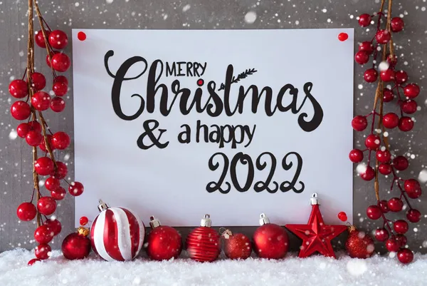 붉은 장식, 서명, 눈, 눈송이, 메리 크리스마스 그리고 행복 한 2022 — 스톡 사진