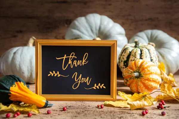 Autumn Pumpkin Decoration, Text Thank You, Golden Frame — Stock Photo, Image