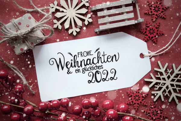 Decorazione di Natale rosso, Etichetta, Glueckliches 2022 significa felice 2022 — Foto Stock