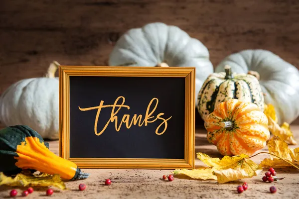 Autumn Pumpkin Decoration, Text Thanks, Golden Frame — Stock Photo, Image