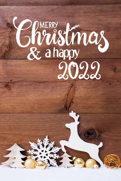 Neve, cervo, albero, palla d'oro, buon Natale e felice 2022 — Foto Stock