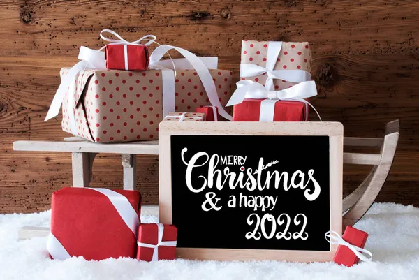 Sleigh, Presente de Natal, Neve, Feliz Natal e um feliz 2020 — Fotografia de Stock