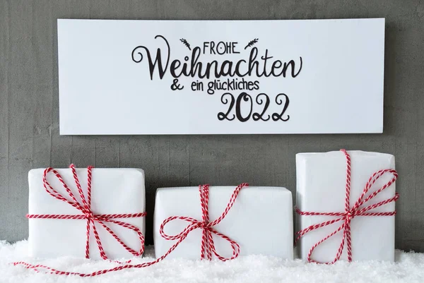 Τρία δώρα, σύμβολο, χιόνι, Glueckliches 2022 σημαίνει ευτυχισμένος 2022 — Φωτογραφία Αρχείου