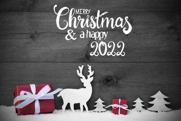 トナカイ、ギフト、木、雪、メリークリスマスそして幸せな2022 — ストック写真