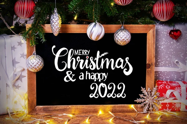 Chalkboard, Tree, Gift, Fairy Lights, Merry Christmas And Happy 2022 — 스톡 사진