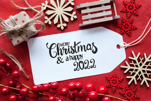 Jasne Red Christmas Dekoracja, Etykieta, Wesołych Świąt i Happy 2022 — Zdjęcie stockowe