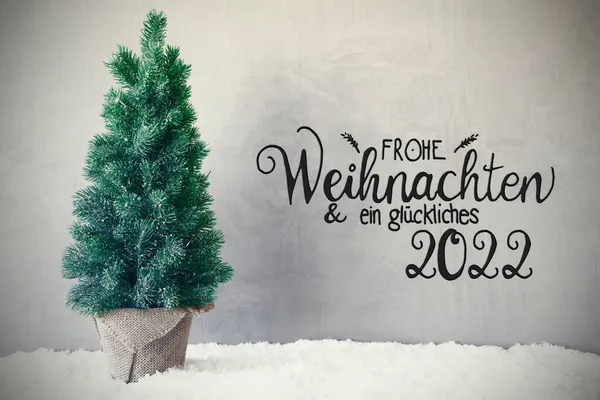 Árbol de Navidad, Nieve, Fondo Gris, Glueckliches 2022 Significa Feliz 2022 —  Fotos de Stock