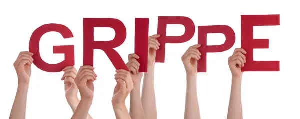 Lidé Ruce drží slovo Grippe znamená chřipka, izolované pozadí — Stock fotografie