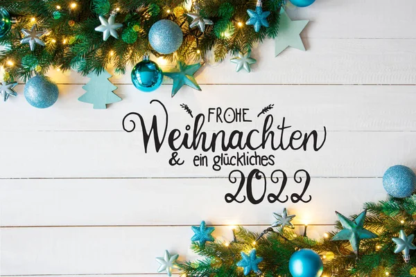 Turqouise Christmas Decoration, Fairy Lights, Glueckliches 2022 Means Happy 2022 — 스톡 사진