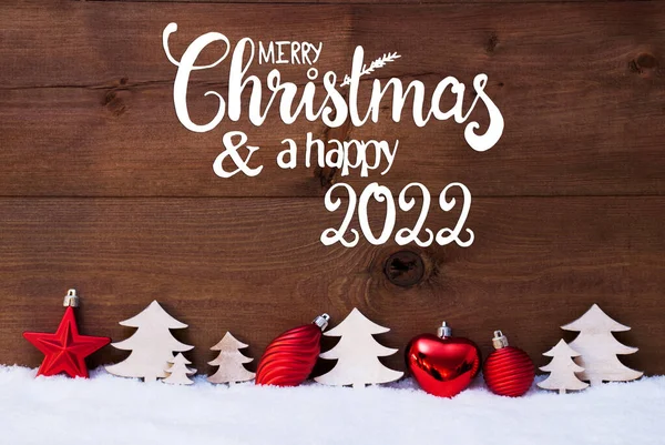 Árbol, Bola Roja, Nieve, Feliz Navidad y Feliz 2022 — Foto de Stock