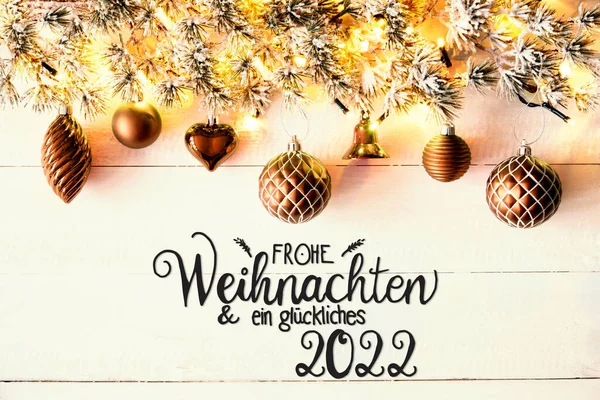 Χρυσή Χριστουγεννιάτικη Διακόσμηση, Υποκατάστημα Fir, Glueckliches 2022 Μέσα Happy 2022 — Φωτογραφία Αρχείου