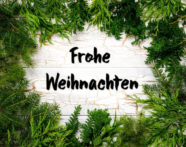 Julekort Med Grangrene Tysk Tekst Frohe Weihnachten Betyder Glædelig Jul - Stock-foto