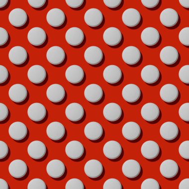 Kırmızı zemin üzerinde beyaz yuvarlak hapların deseni, üst görünüm, düz yatış, tıbbi konsept, ilaç geçmişi, antivirüs, hastalık koruması, antibiyotikler, koronavirüs enfeksiyonu, Covid-19 'a karşı antibiyotikler