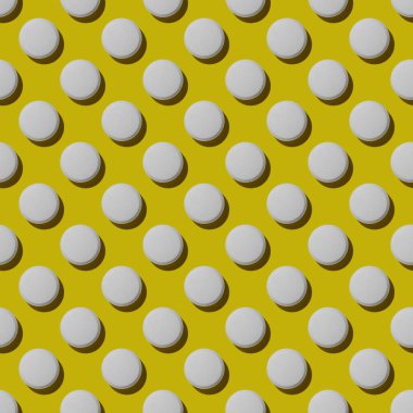 Sarı arka planda beyaz hapların sert gölgeleri olan modern desenler. Gıda takviyesi, multivitaminler, ilaçlar