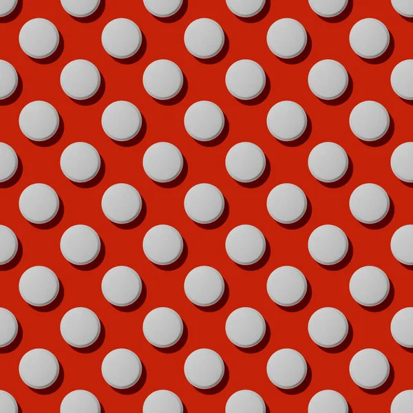 Kırmızı zemin üzerinde beyaz yuvarlak hapların deseni, üst görünüm, düz yatış, tıbbi konsept, ilaç geçmişi, antivirüs, hastalık koruması, antibiyotikler, koronavirüs enfeksiyonu, Covid-19 'a karşı antibiyotikler