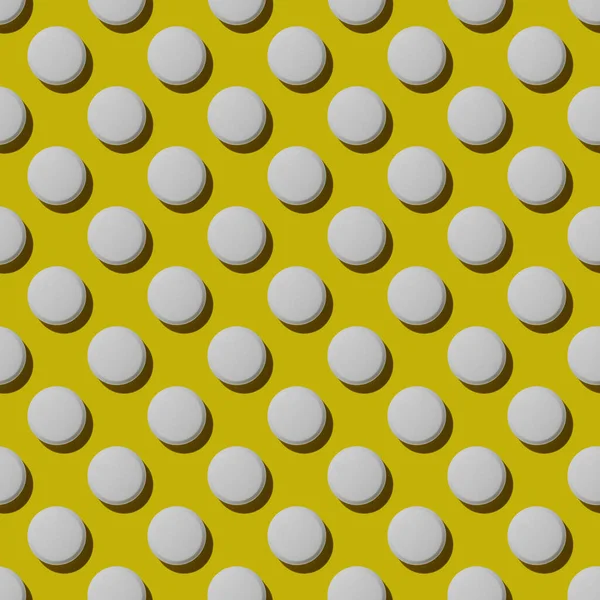 Sarı arka planda beyaz hapların sert gölgeleri olan modern desenler. Gıda takviyesi, multivitaminler, ilaçlar