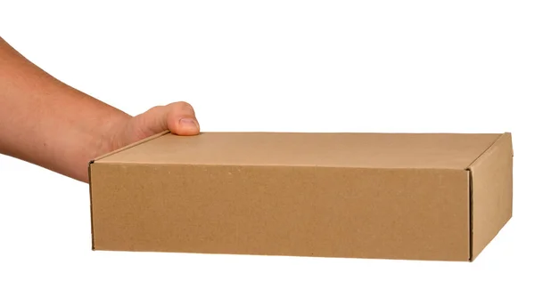 Картонная Коробка Руке Мужчины Белом Изолированном Фоне — стоковое фото