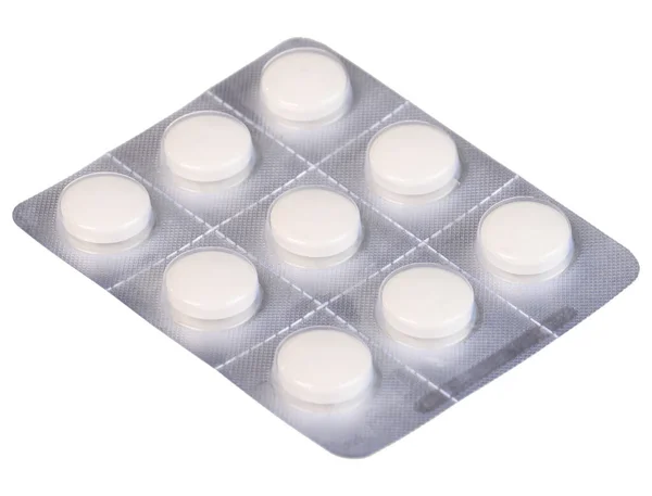 Bovenaanzicht Van Zes Tabletten Blisterverpakking Geïsoleerd Wit — Stockfoto