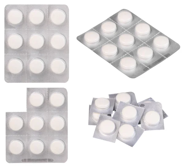 Witte Tabletten Een Blisterverpakking Collage Van Verschillende Foto Opties — Stockfoto