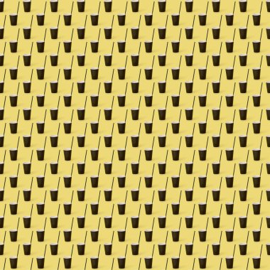 Sarı arka planda tek kullanımlık kahve fincanı deseni, yumuşak gölgeler.