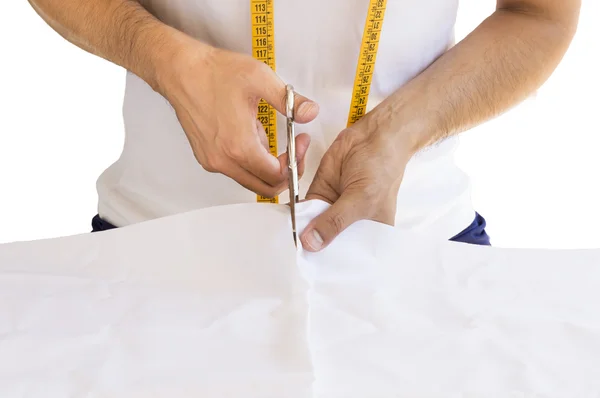 Handen textiel snijden — Stockfoto