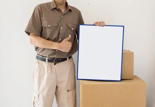 Courier delivery offers his services — Stock Photo, Image