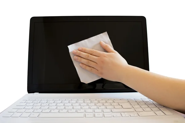 Cleaning the screen of a computer — Stock Photo, Image
