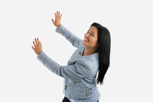 Showing woman with two hands — Stock Photo, Image