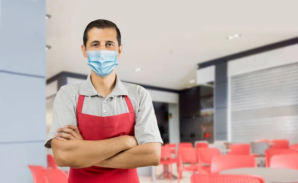 Happy Bartender Red Apron Working Bar Wearing Face Mask Prevent — Stock Photo, Image