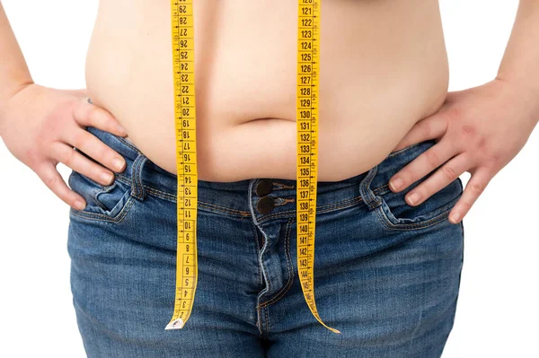 Close Beautiful Fat Woman Measuring Tape White Background She Wants — Fotografia de Stock