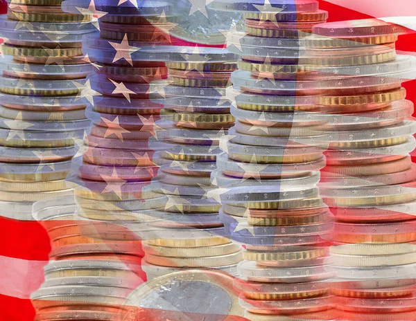 Close Multiple Exposure Some Piles Dollar Coins Flag United States — Zdjęcie stockowe