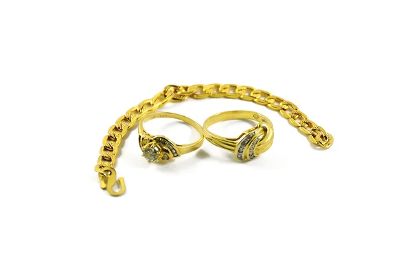 Diamant, rubín dan zlatý prsten s náramek — Stock fotografie
