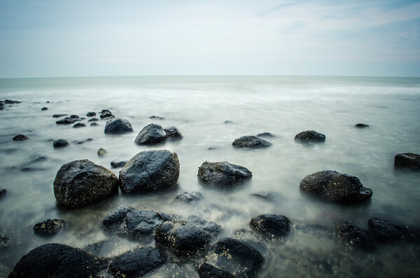 Water and waees on a Black Stone Beach