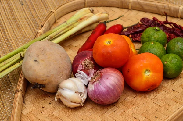 Asian ingredients food on pandanus mat — Stock Photo, Image