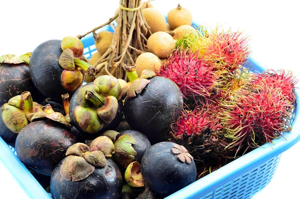 Fruits tropicaux dans le panier bleu — Photo