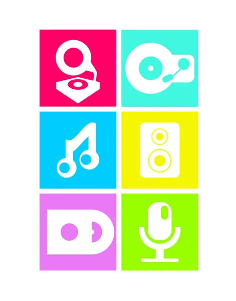 Icone di musica piatta colorata al neon — Vettoriale Stock