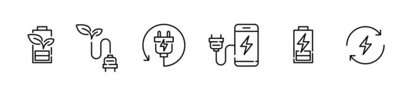 Icônes linéaires d'énergie verte. Sources d'énergie renouvelables, symboles de batterie écologiques. Pixel parfait, course modifiable — Image vectorielle