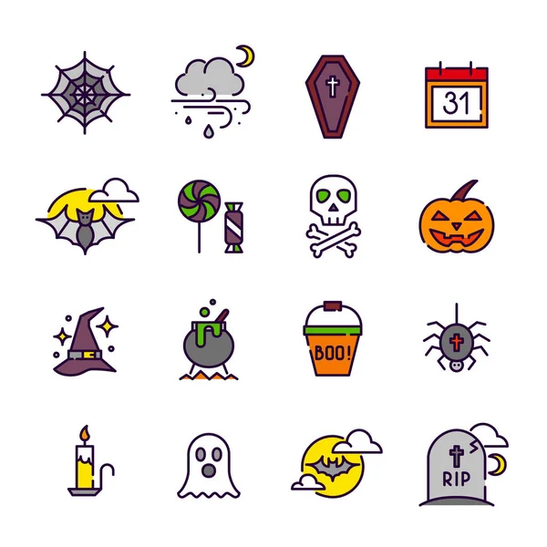 Zabawa w stylu kreskówki kolorowe ikony Halloween linii sztuki. Trumna, pajęczyna, grób, duch, magiczny eliksir i cukierek lub psikus. Pixel idealny, edytowalny udar — Wektor stockowy