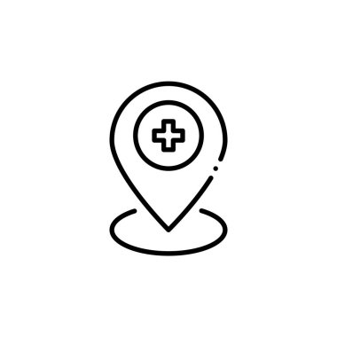 Çapraz işaretli harita işaretçisi. Tıbbi yardım ve hastane konumu. Piksel mükemmel, düzenlenebilir vuruş