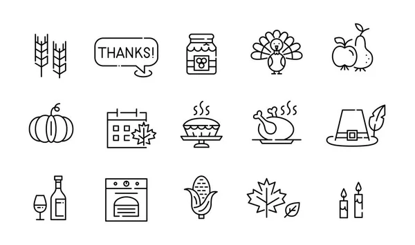 День благодарения традиционные американские праздничные иконы набор. Урожай, индейка, овощи, семейный ужин и другие. Пикантный, съедобный штрих — стоковый вектор