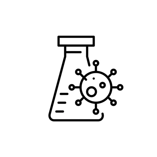 Ikona badań laboratoryjnych szczepionek koronawirusowych. Cząsteczka Covida nad kolbą laboratoryjną. Pixel idealny, edytowalny udar. — Wektor stockowy
