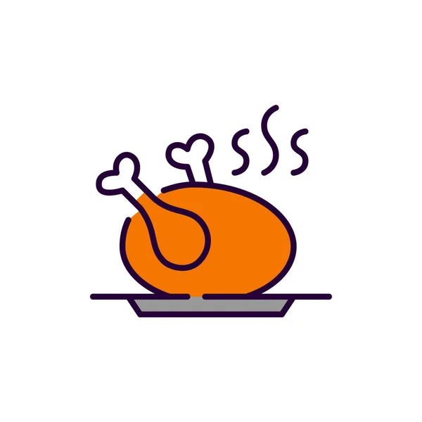 Geroosterde kalkoen of kip op een bord. Traditionele Amerikaanse familie Thanksgiving maaltijd. Pixel perfecte, bewerkbare beroerte kleurrijke pictogram — Stockvector