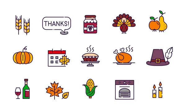 День благодарения традиционные американские праздничные иконы, установленные в цвете. Урожай, индейка, овощи, семейный ужин и другие. Пикантный, съедобный штрих — стоковый вектор