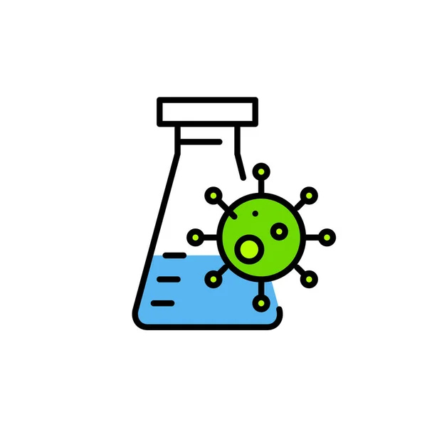 Лаборатория коронавируса исследует красочную иконку. Молекула ковида над лабораторной фляжкой. Пикантный, съедобный штрих. — стоковый вектор