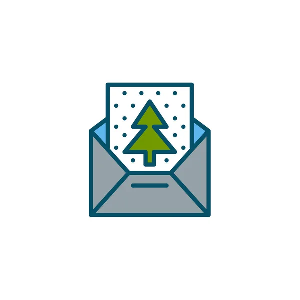 Correio de Natal. Cartão de saudação com abeto e neve em um envelope. Pixel perfeito, ícone colorido curso editável — Vetor de Stock