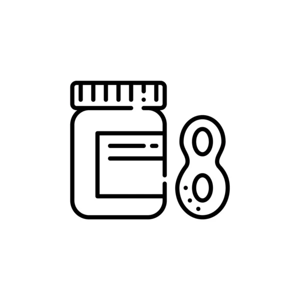 Icono de mantequilla de maní. Tarro con una nuez. Pixel perfecto, golpe editable — Vector de stock
