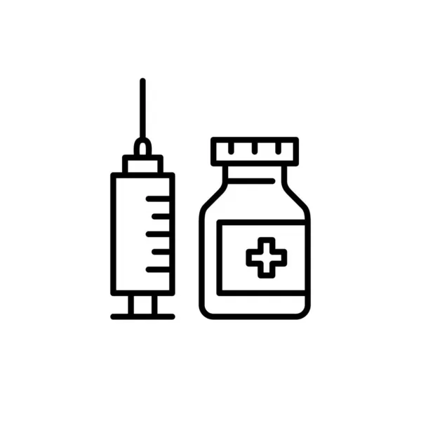 Ikona vakcíny. Injekční stříkačka a lahvička s křížem. Pixel perfektní, upravitelná ikona tahu — Stockový vektor