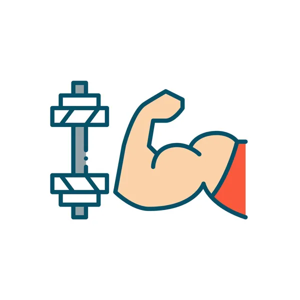 Gym spiergroei gewichtstraining. Dumbbell en sterke atleet met grote biceps gebogen. Pixel perfecte, bewerkbare beroerte kleurrijke pictogram — Stockvector