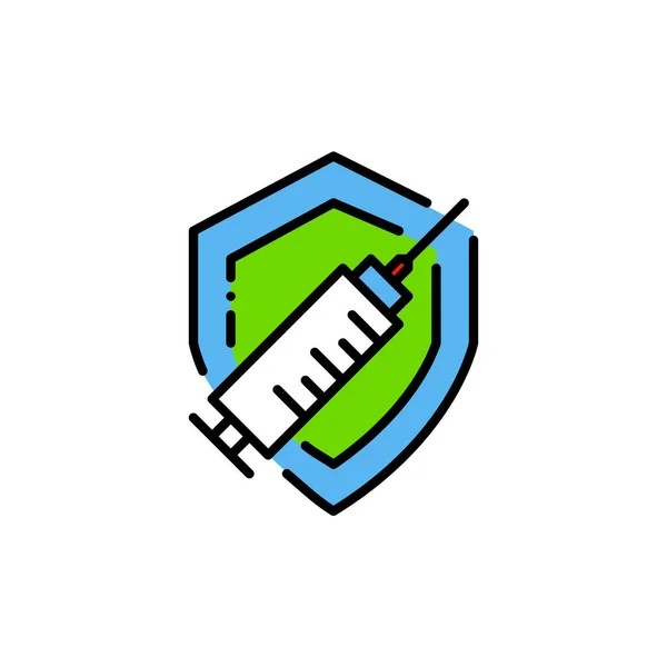 Simbolo di protezione del vaccino. Siringa su uno scudo. Pixel perfetto, ictus modificabile icona colorata — Vettoriale Stock